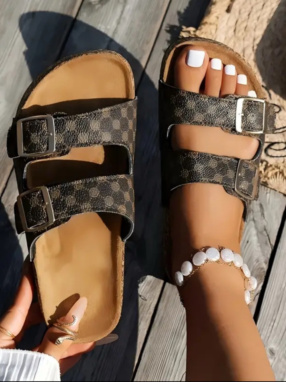 Women’s Double-Buckle Slide Sandals in Brown